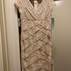 NEW! Tan dress w/ cream lace & gold sequins